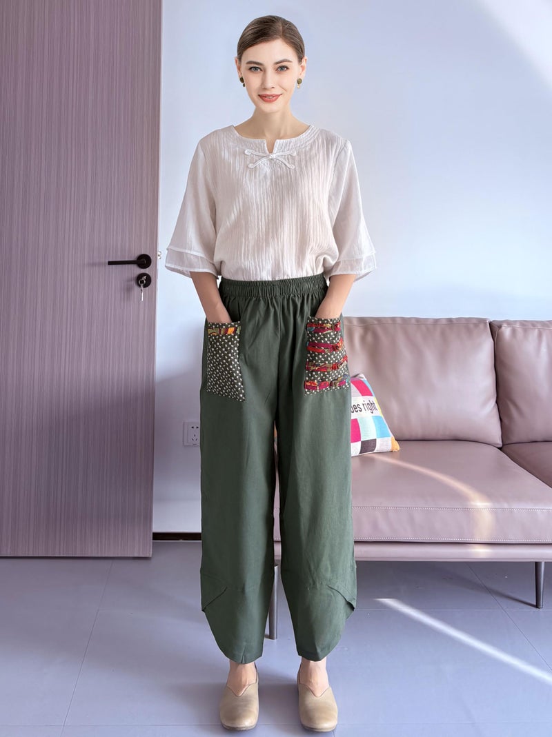 Minibee Women's Baggy Linen Wide Leg Trousers Casual Patchwork Elastic Waist Harem Pants Army Green M - Image 2